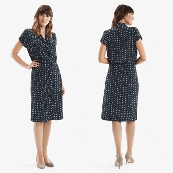 MM. LaFleur Jasmine Short Sleeve Faux Wrap Dress Alpine Green Swipe Print 6 - Picture 1 of 9